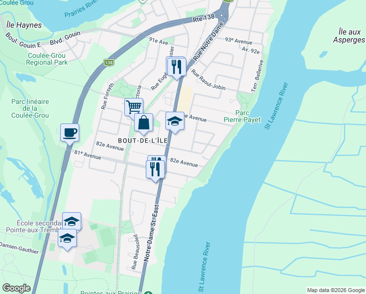 map of restaurants, bars, coffee shops, grocery stores, and more near 103 83e Avenue in Montréal