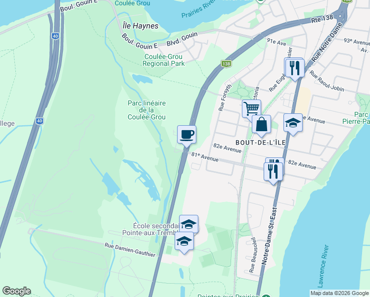 map of restaurants, bars, coffee shops, grocery stores, and more near 15557 Rue Sherbrooke Est in Montréal