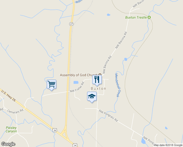 map of restaurants, bars, coffee shops, grocery stores, and more near 23052 Northwest Fisher Road in Buxton