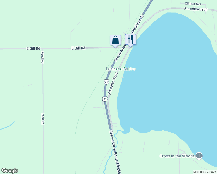 map of restaurants, bars, coffee shops, grocery stores, and more near 9663 Mackinaw Highway in Carp Lake