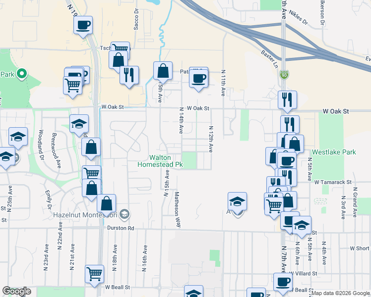 map of restaurants, bars, coffee shops, grocery stores, and more near 1064 Oak Park Drive in Bozeman