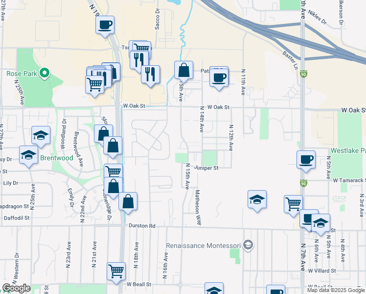 map of restaurants, bars, coffee shops, grocery stores, and more near 1095 North 15th Avenue in Bozeman