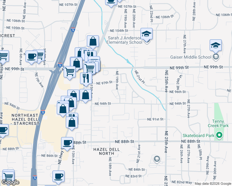map of restaurants, bars, coffee shops, grocery stores, and more near 9501 Northeast 19th Avenue in Vancouver