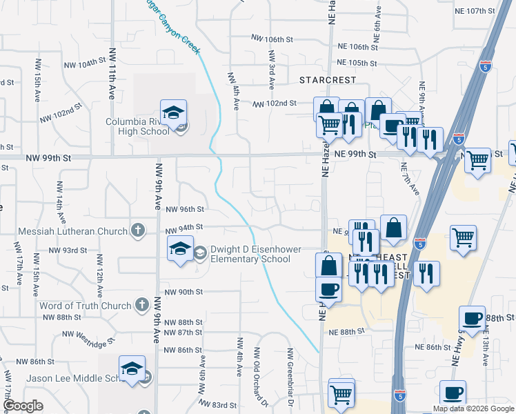 map of restaurants, bars, coffee shops, grocery stores, and more near 308 Northwest 95th Circle in Vancouver