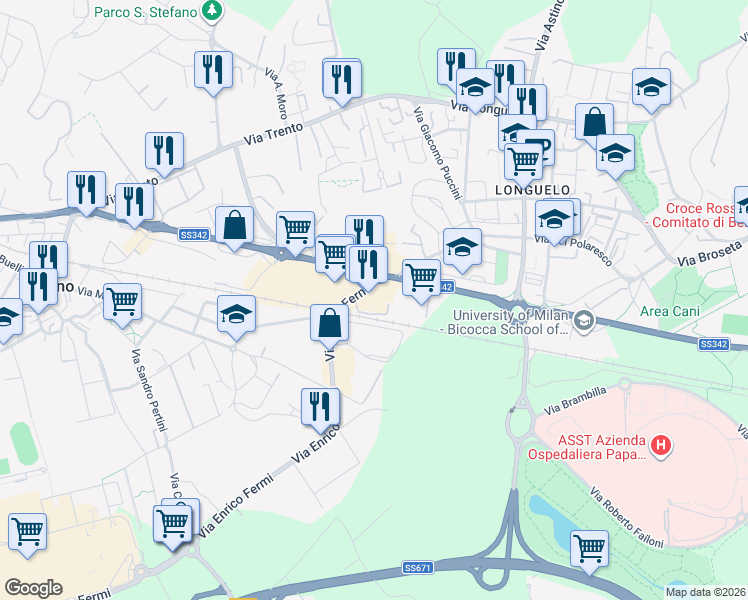 map of restaurants, bars, coffee shops, grocery stores, and more near 48 Via Enrico Fermi in Provincia di Bergamo