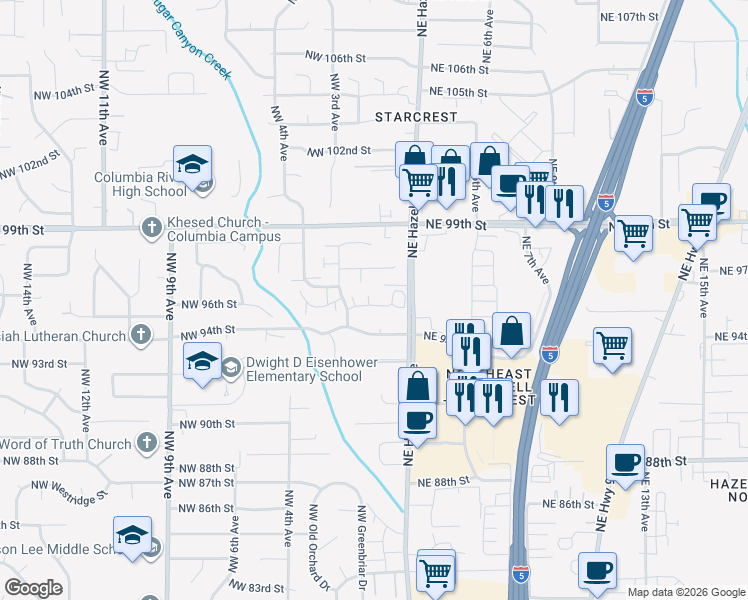 map of restaurants, bars, coffee shops, grocery stores, and more near 110 Northwest 95th Circle in Vancouver