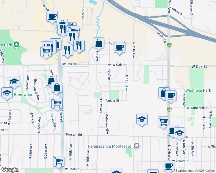 map of restaurants, bars, coffee shops, grocery stores, and more near 1133 North 14th Avenue in Bozeman