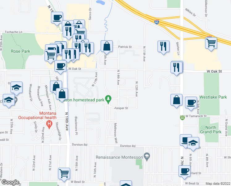 map of restaurants, bars, coffee shops, grocery stores, and more near 1133 North 15th Avenue in Bozeman