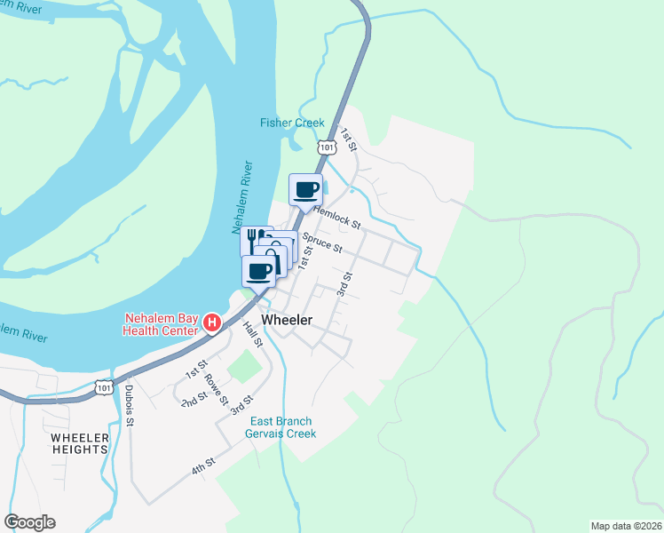 map of restaurants, bars, coffee shops, grocery stores, and more near Cedar Street in Wheeler