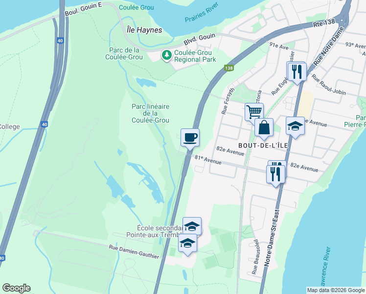 map of restaurants, bars, coffee shops, grocery stores, and more near 15555 Rue Sherbrooke Est in Montréal