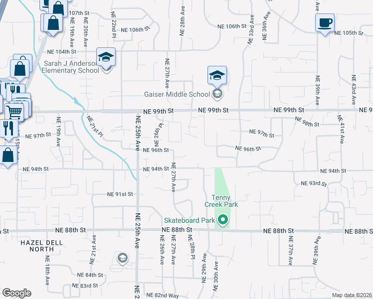 map of restaurants, bars, coffee shops, grocery stores, and more near 2807 Northeast 96th Way in Vancouver