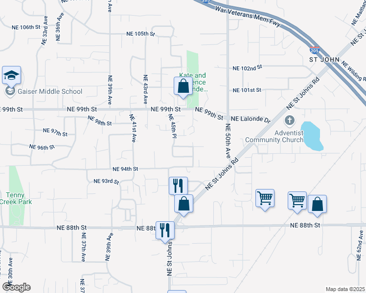 map of restaurants, bars, coffee shops, grocery stores, and more near 4509 Northeast 96th Street in Vancouver