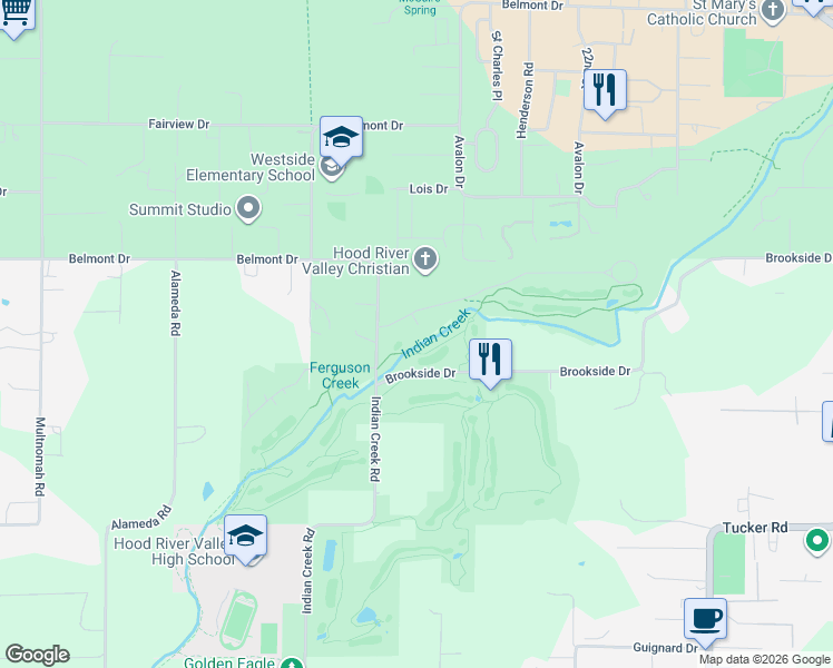 map of restaurants, bars, coffee shops, grocery stores, and more near 1056 Quail Court in Hood River