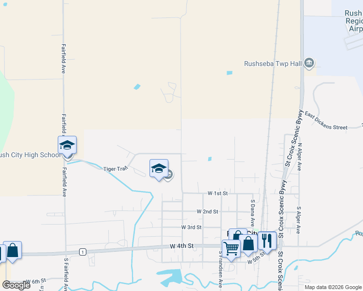 map of restaurants, bars, coffee shops, grocery stores, and more near 51229-51251 Game Avenue in Rush City
