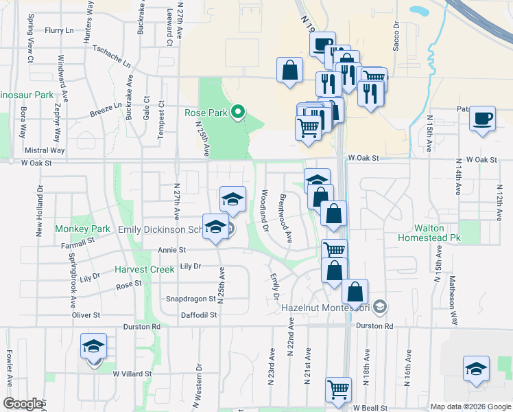 map of restaurants, bars, coffee shops, grocery stores, and more near 1123 Woodland Drive in Bozeman
