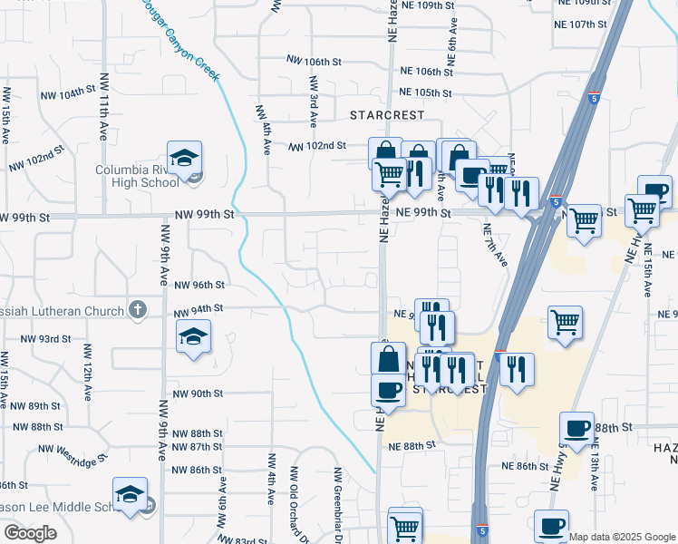 map of restaurants, bars, coffee shops, grocery stores, and more near 115 Northwest 97th Circle in Vancouver