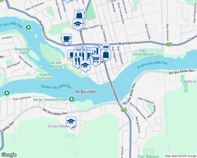 map of restaurants, bars, coffee shops, grocery stores, and more near 41 Rue Saint Joseph in Terrebonne
