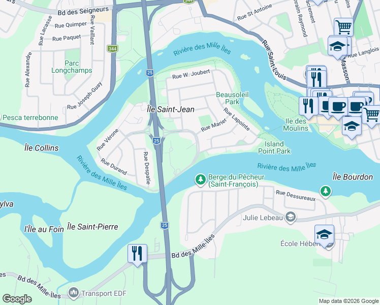 map of restaurants, bars, coffee shops, grocery stores, and more near 80 Boulevard J. S. Archambault in Terrebonne