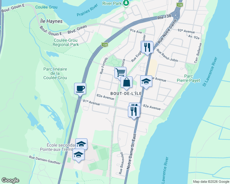 map of restaurants, bars, coffee shops, grocery stores, and more near 15637 Rue Victoria in Montréal