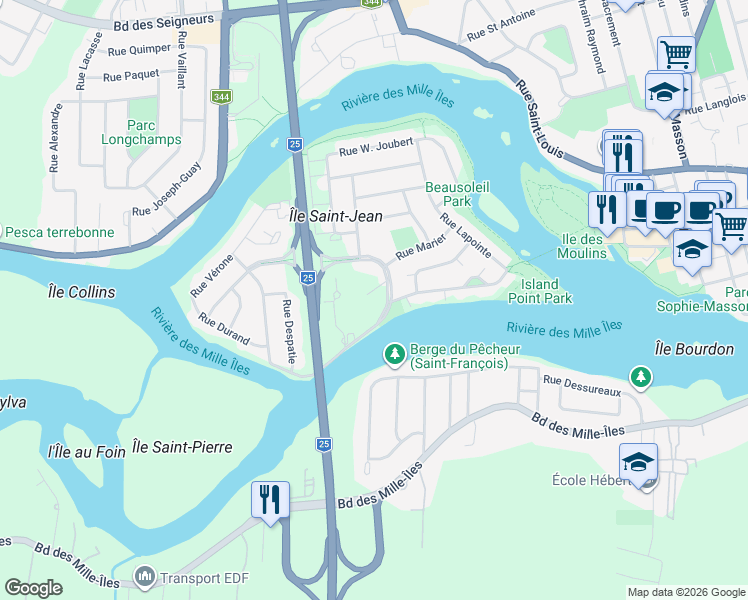 map of restaurants, bars, coffee shops, grocery stores, and more near 80 Boulevard J. S. Archambault in Terrebonne
