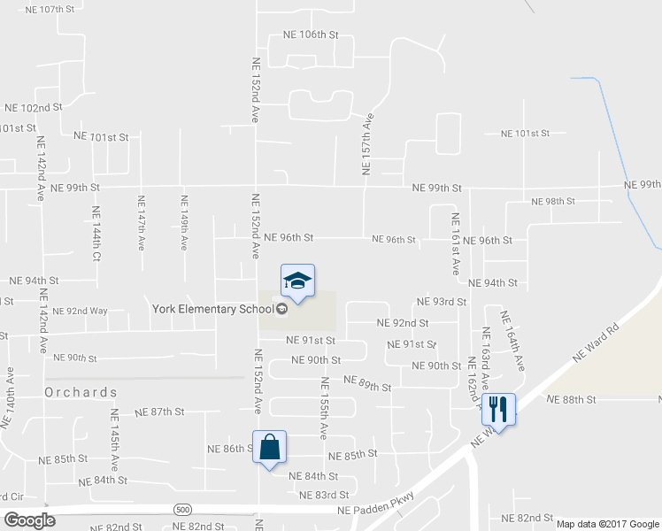 map of restaurants, bars, coffee shops, grocery stores, and more near 15413 Northeast 96th Street in Vancouver