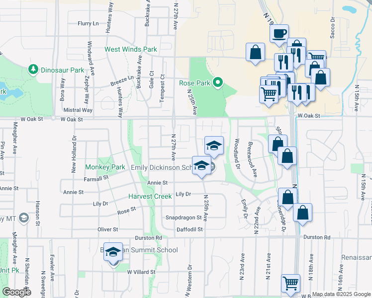 map of restaurants, bars, coffee shops, grocery stores, and more near 1231 North 25th Avenue in Bozeman