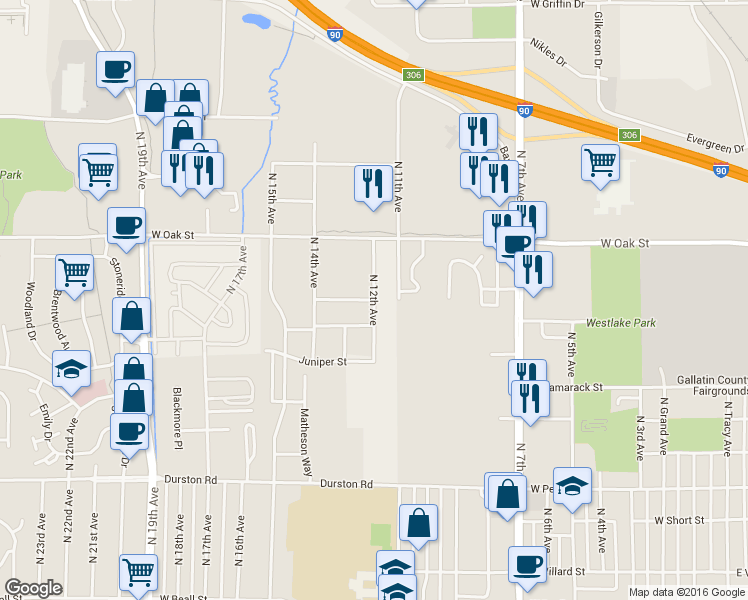 map of restaurants, bars, coffee shops, grocery stores, and more near North 12th Avenue in Bozeman