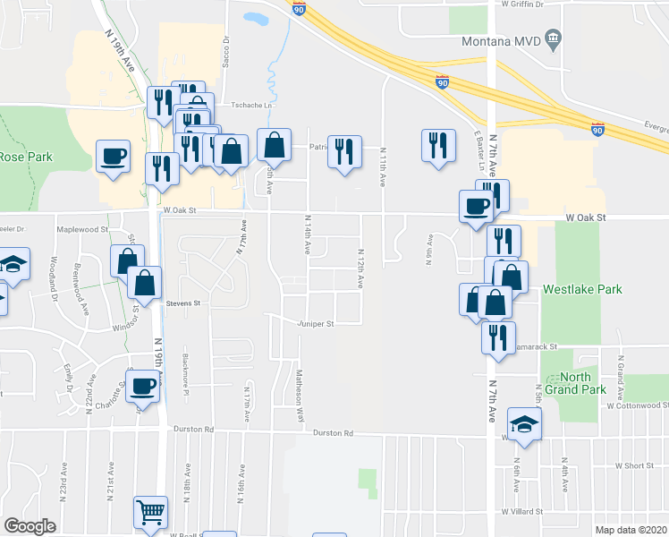 map of restaurants, bars, coffee shops, grocery stores, and more near Manzanita Drive in Bozeman