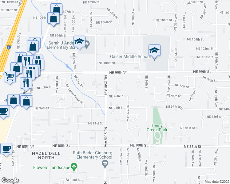 map of restaurants, bars, coffee shops, grocery stores, and more near 9612 Northeast 26th Place in Vancouver