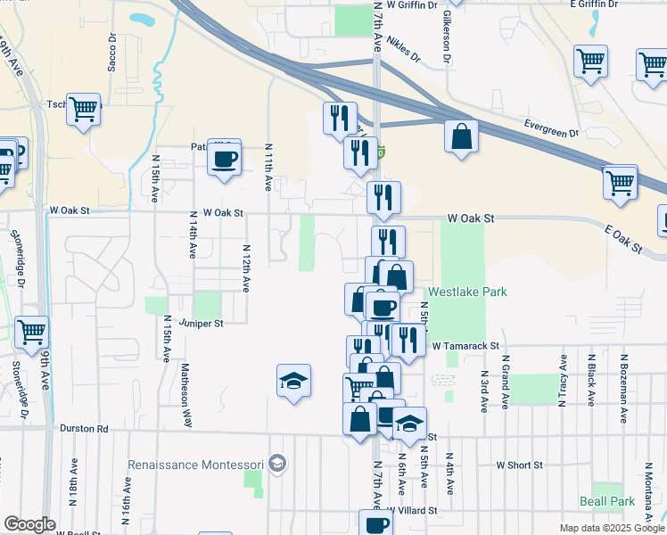 map of restaurants, bars, coffee shops, grocery stores, and more near 1125 North 8th Avenue in Bozeman