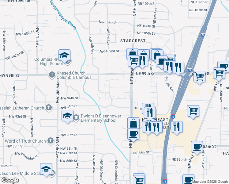map of restaurants, bars, coffee shops, grocery stores, and more near 115 Northwest 97th Circle in Vancouver