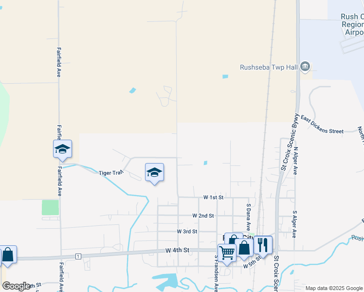 map of restaurants, bars, coffee shops, grocery stores, and more near 51229-51251 Game Avenue in Rush City