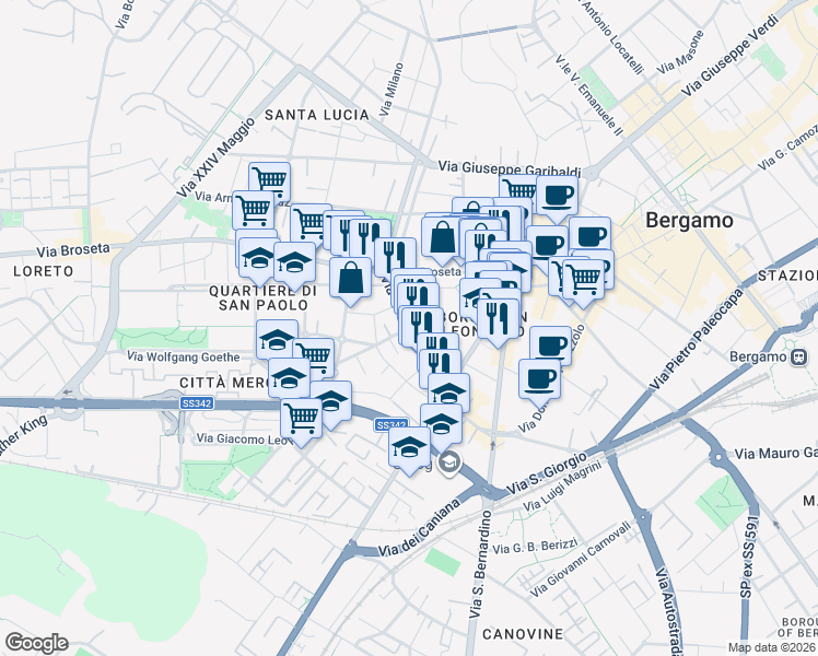 map of restaurants, bars, coffee shops, grocery stores, and more near 85 Via Palma Il Vecchio in Bergamo