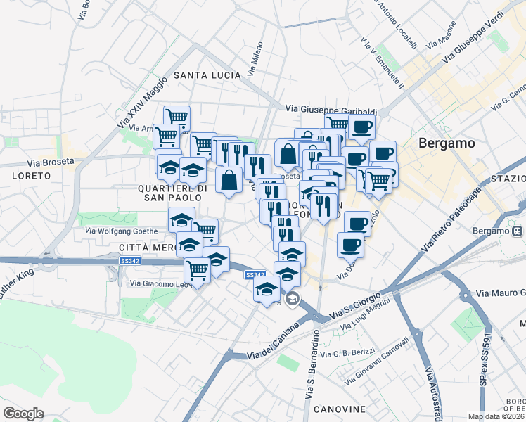 map of restaurants, bars, coffee shops, grocery stores, and more near 85 Via Palma Il Vecchio in Bergamo