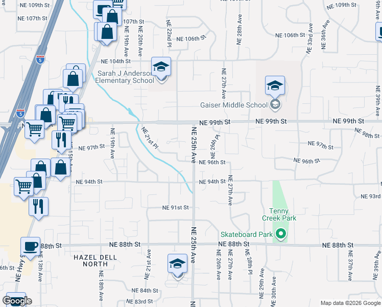 map of restaurants, bars, coffee shops, grocery stores, and more near 2402 Northeast 96th Street in Vancouver