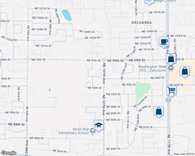 map of restaurants, bars, coffee shops, grocery stores, and more near 10500 Northeast 96th Street in Vancouver