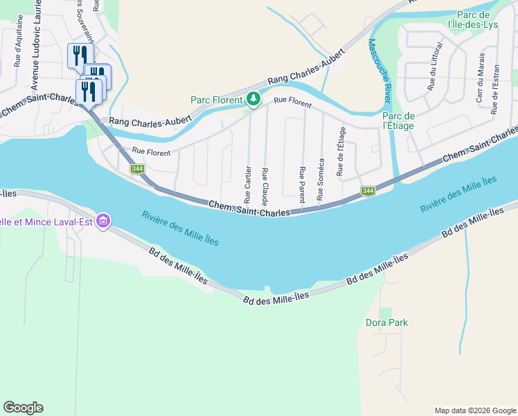 map of restaurants, bars, coffee shops, grocery stores, and more near 2043 Chemin Saint-Charles in Terrebonne