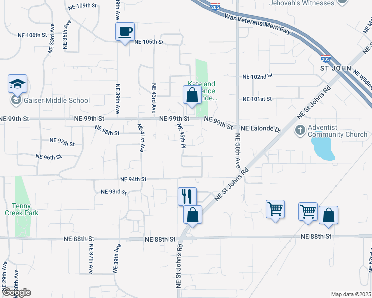 map of restaurants, bars, coffee shops, grocery stores, and more near 4509 Northeast 96th Street in Vancouver