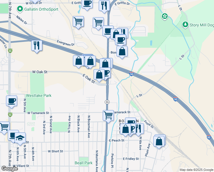 map of restaurants, bars, coffee shops, grocery stores, and more near North Rouse Avenue in Bozeman