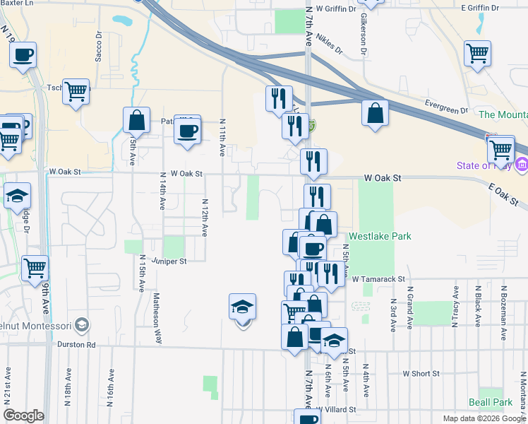 map of restaurants, bars, coffee shops, grocery stores, and more near 1120 N 9th Ave in Bozeman