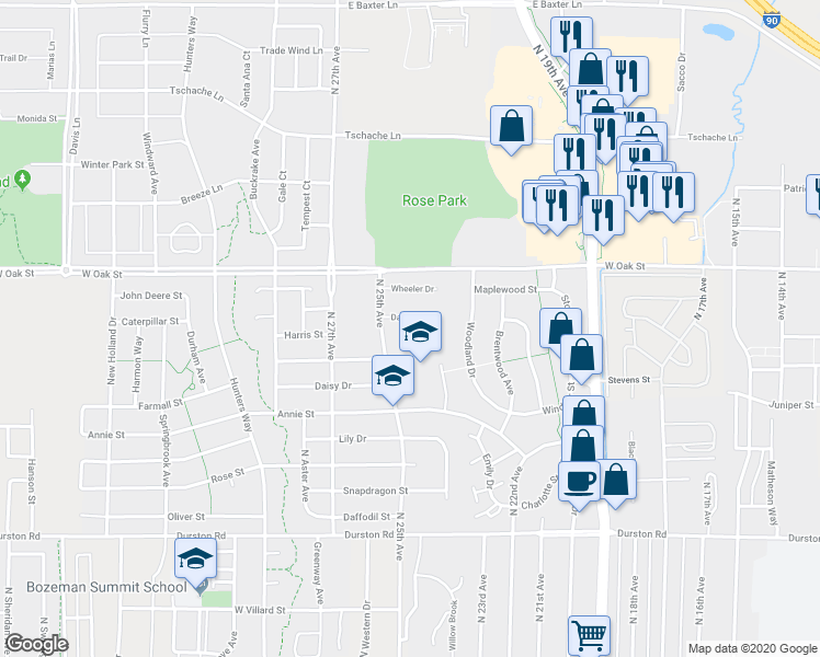 map of restaurants, bars, coffee shops, grocery stores, and more near 2440 Daws Drive in Bozeman