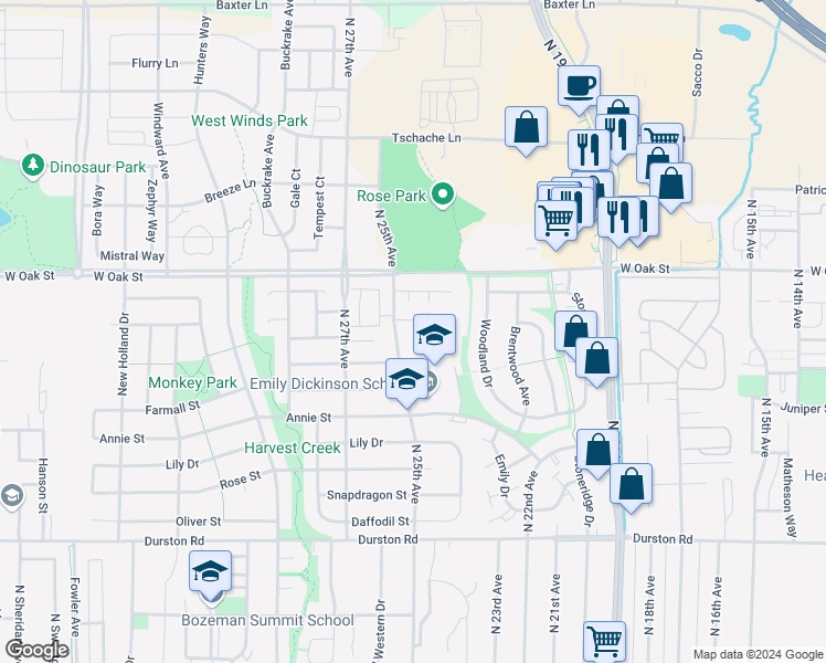 map of restaurants, bars, coffee shops, grocery stores, and more near 2490 Daws Drive in Bozeman