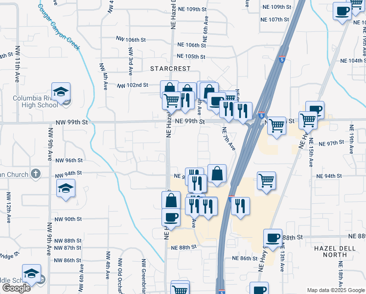 map of restaurants, bars, coffee shops, grocery stores, and more near 9705 Northeast Hazel Dell Avenue in Vancouver
