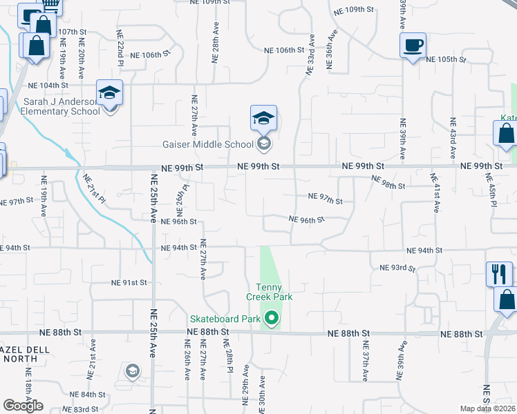 map of restaurants, bars, coffee shops, grocery stores, and more near 9608 Northeast 30th Court in Vancouver