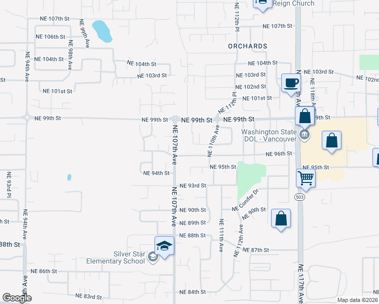 map of restaurants, bars, coffee shops, grocery stores, and more near 10800 Northeast 96th Street in Vancouver