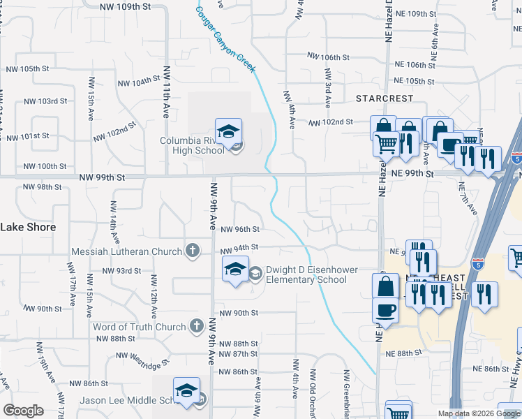 map of restaurants, bars, coffee shops, grocery stores, and more near 602 Northwest Wildwood Drive in Vancouver