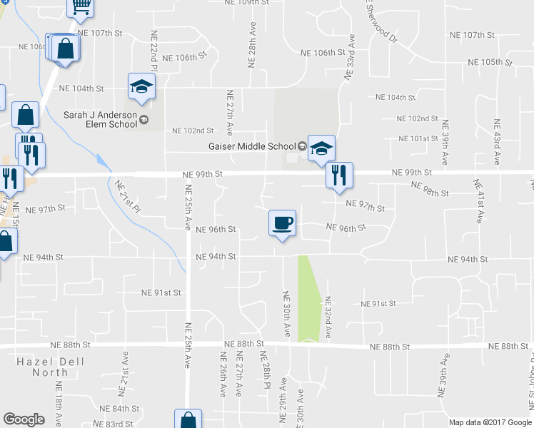 map of restaurants, bars, coffee shops, grocery stores, and more near 2807 Northeast 96th Way in Vancouver