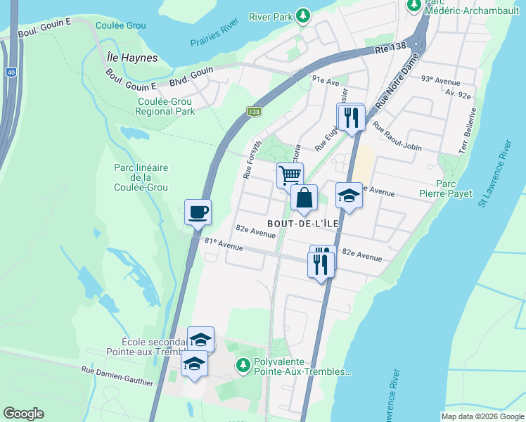 map of restaurants, bars, coffee shops, grocery stores, and more near 15641 Rue Eugène-Payette in Montréal
