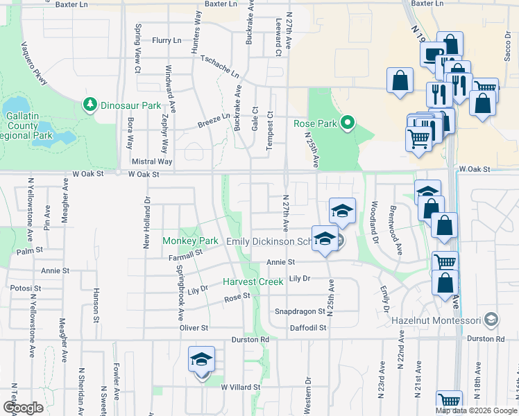 map of restaurants, bars, coffee shops, grocery stores, and more near 2735 Harris Street in Bozeman