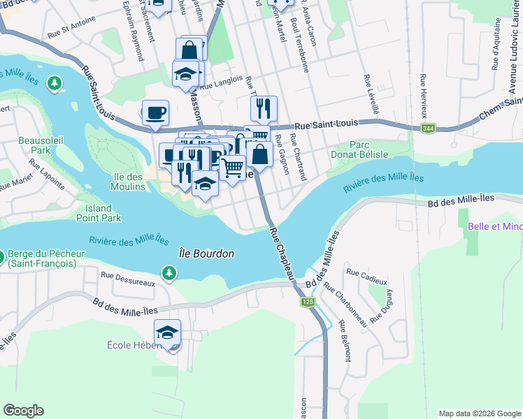 map of restaurants, bars, coffee shops, grocery stores, and more near 46 Rue Chapleau in Terrebonne